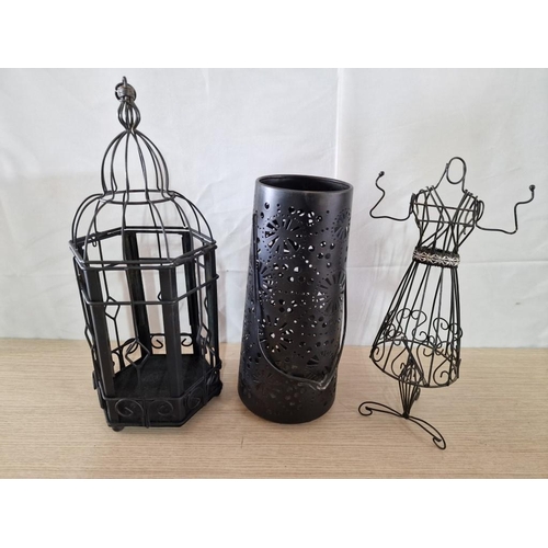 245 - In Black Tone Metal Art; Candle Holders (2) and Jewellery Holder