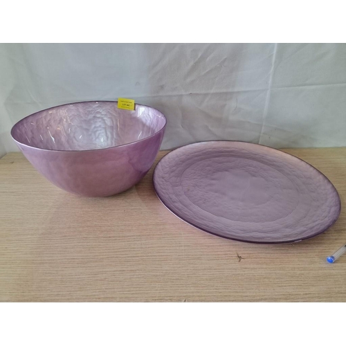 247 - Lilac Opal Effect Modern Salad Glass Bowl with Matching Plate (Bowl: Ø25cm x H:13 and Plate: Ø32)