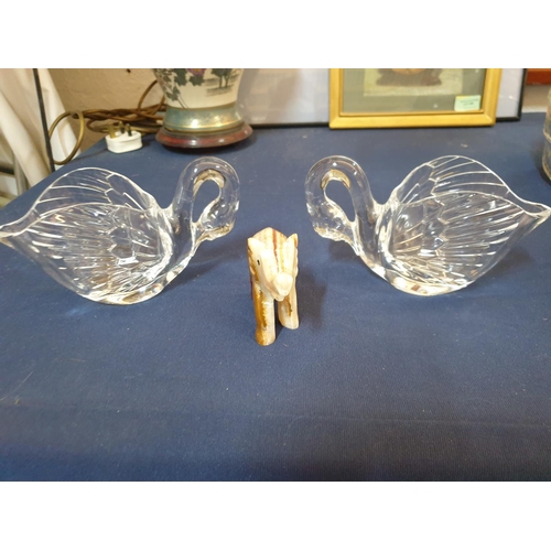 264 - Pair of Retro Cut Glass Swan Vases / Dishes (Approx 17.5 x 10.5cm each) Together with Happy Elephant... 