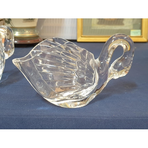 264 - Pair of Retro Cut Glass Swan Vases / Dishes (Approx 17.5 x 10.5cm each) Together with Happy Elephant... 