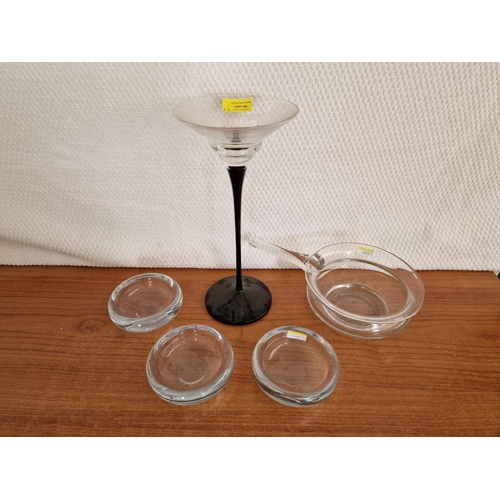 266 - Tall Black & Clear Glass Candle Holder, Together with Glass Saucepan and 3 x Round Dishes, (5)