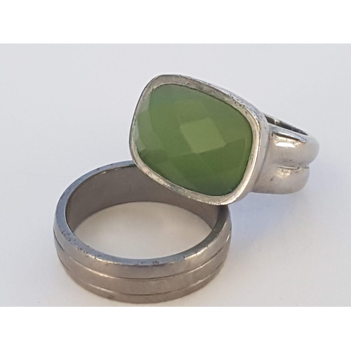 297 - Dyrberg Kern Ring with Large Green Stone, Size N Together with Men's Titanium Ring / Band, Size U/V