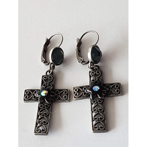 318 - Pair of Dangling White Metal Earrings (Cross and Crystals)