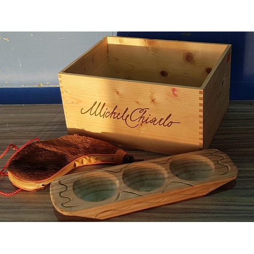 332 - Vintage Style Traditional Items; Mini Wooden Bread Mould, Leather Bota Bag in Large Wooden Box