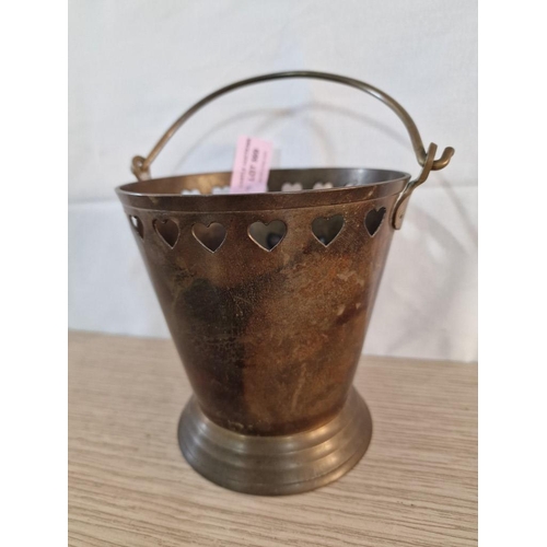 341 - Small Brass Bucket with Heart Decoration Around Rim Together with 1 x Copper Coloured Metal Dish and... 