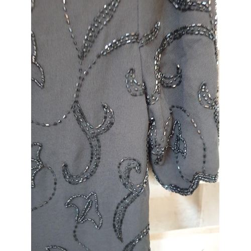 343 - Vintage Style Grey Evening Dress with Beaded Details Together with Black Decorative Jacket