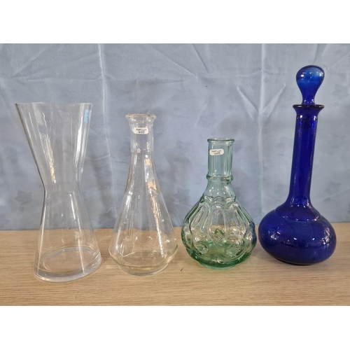 355 - Blue Glass Decanter, Hand Made in Spain, Together with Green Glass Vase and 2 x Other Clear Glass Va... 