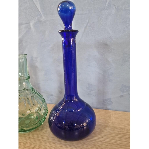 355 - Blue Glass Decanter, Hand Made in Spain, Together with Green Glass Vase and 2 x Other Clear Glass Va... 