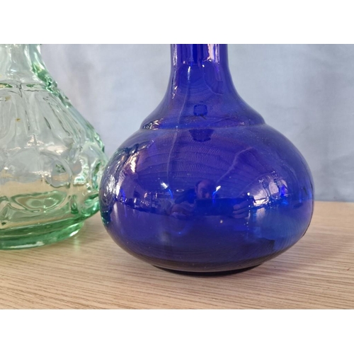 355 - Blue Glass Decanter, Hand Made in Spain, Together with Green Glass Vase and 2 x Other Clear Glass Va... 