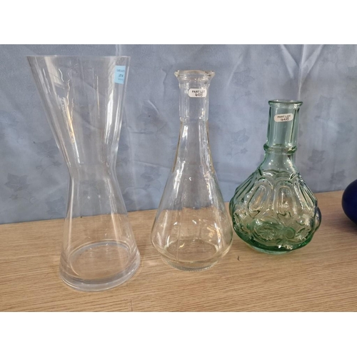 355 - Blue Glass Decanter, Hand Made in Spain, Together with Green Glass Vase and 2 x Other Clear Glass Va... 