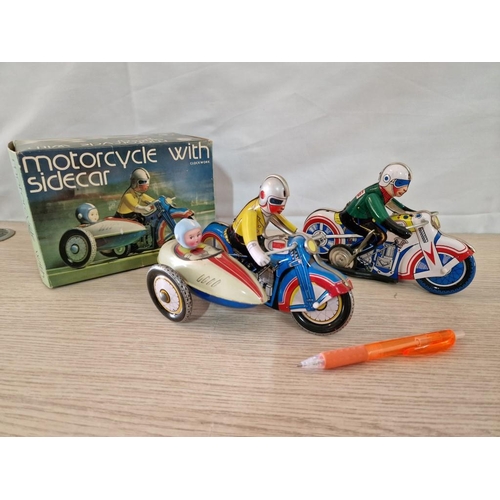 Vintage Tin Wind Up newest Toy Motorcycle with Side Car