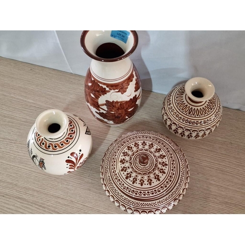 Collection of 'Moses Pottery', Hand Made in Cyprus; Tall Vase, 2 x Bulbous Shape Vases and Lidded Po