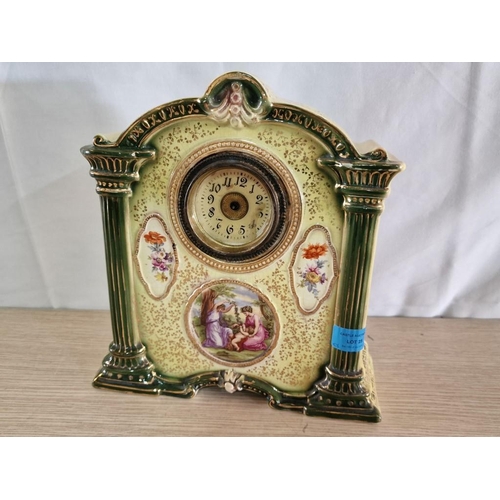25 - Vintage Continental Porcelain Mantel Clock with Manual Wind Movement (a/f), Decorated with Green Ton... 