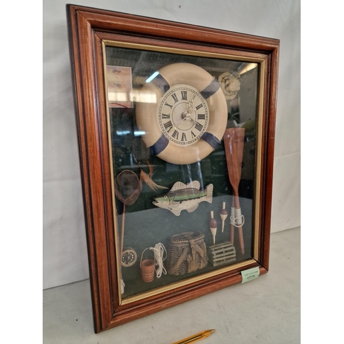 Wall Hanging 3D Picture in Box Frame with Clock * Running When Lotted *,  Fishing / Boat Theme in Woo