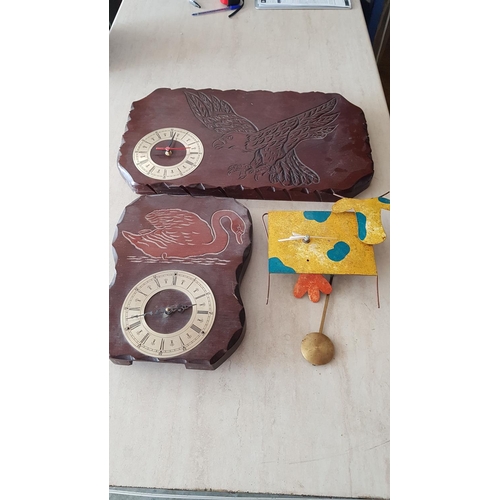 525 - Animal Pattern Hand Craft Wall Clocks; 2 x Wooden/Metal 