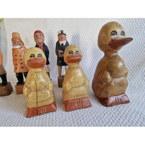 37 - Graduating Set / Family of Carved Wood Ducks, Together with 4 x Carved Wood Sailor Figures, (7)