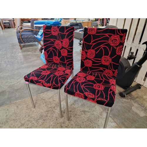 811 - 2 x Dining Chairs with Black & Red Floral Pattern Over Chrome Legs, (2)