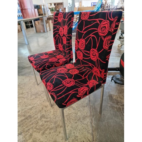 811 - 2 x Dining Chairs with Black & Red Floral Pattern Over Chrome Legs, (2)