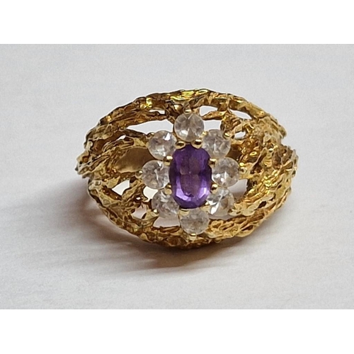 191 - Decorative 9ct Gold Ring with Raised Oval Cut Amethyst(?) Surrounded by 8 x Clear Stones, (Total Wei... 