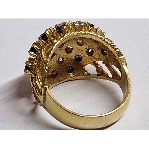 192 - 9ct Gold Ring with 3 x Lines of Round Cut Sapphires (13 Pcs) Divided by 2 x Lines of Clear Stones (1... 