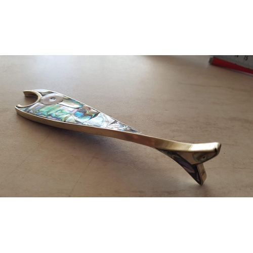 184 - Mexican 'Alpaca' Silver and Abalone Shell Bottle Opener in the Form of a Fish, Mid-Century Design by... 