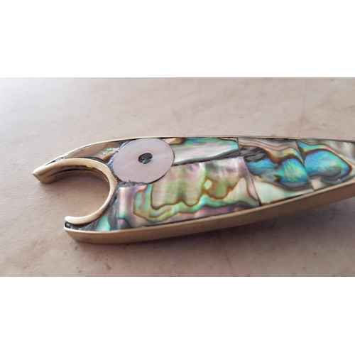 184 - Mexican 'Alpaca' Silver and Abalone Shell Bottle Opener in the Form of a Fish, Mid-Century Design by... 