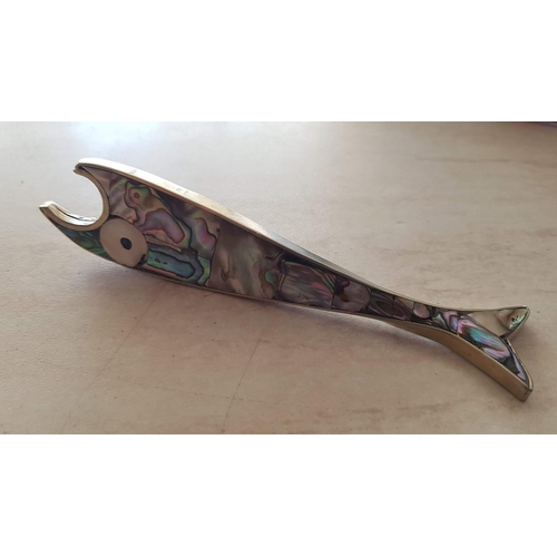 184 - Mexican 'Alpaca' Silver and Abalone Shell Bottle Opener in the Form of a Fish, Mid-Century Design by... 