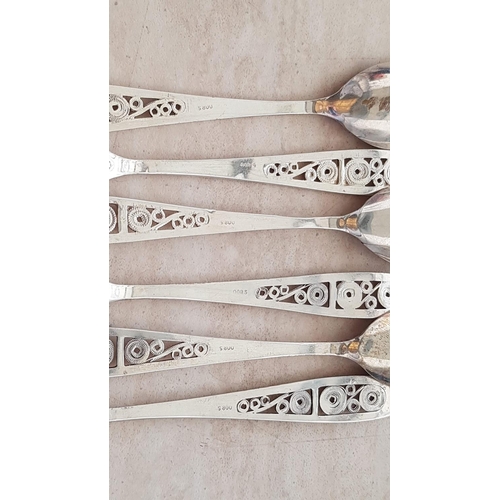 185 - Set of 6 x Silver (.800) Tea Spoons with Decorative Lefkara Style Handles, Total Weight 95gr