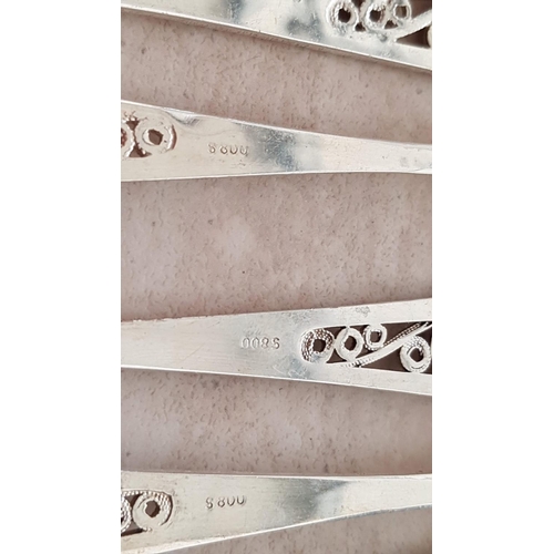 185 - Set of 6 x Silver (.800) Tea Spoons with Decorative Lefkara Style Handles, Total Weight 95gr