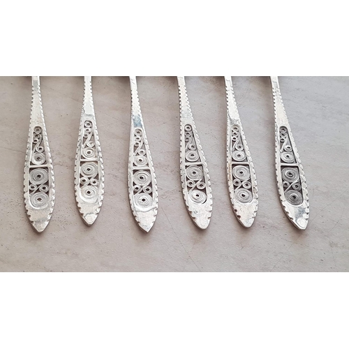 185 - Set of 6 x Silver (.800) Tea Spoons with Decorative Lefkara Style Handles, Total Weight 95gr