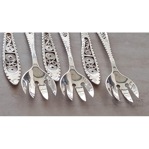 186 - Set of 6 x Silver (.800) Cake Forks with Decorative Lefkara Style Handles, Total Weight 66gr