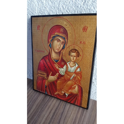 188 - Byzantine Icons; Holy Mother Odigitria Guide Hand Painted and Signed BY Artist (38 x 30cm) Together ... 