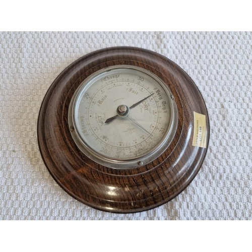 146 - Vintage SB Smiths Shortland Barometer Set in Round Oak Surround, Made in England, Message on Reverse... 