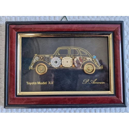 153 - Collection / Set of 5 x Wood Framed Pictures of Vintage Cars Made up from Watch / Clock Parts, (see ... 