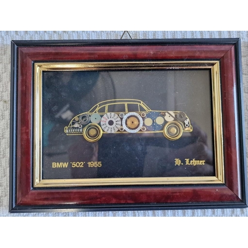 153 - Collection / Set of 5 x Wood Framed Pictures of Vintage Cars Made up from Watch / Clock Parts, (see ... 