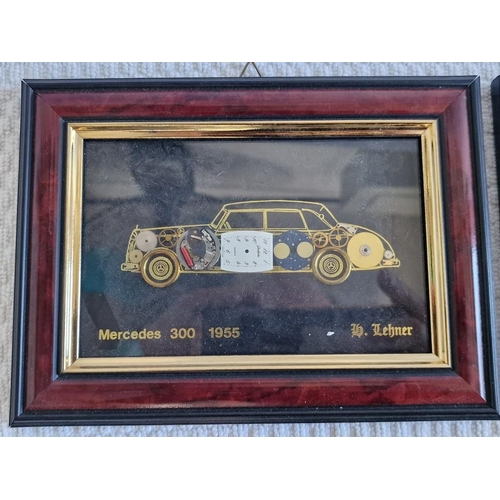 153 - Collection / Set of 5 x Wood Framed Pictures of Vintage Cars Made up from Watch / Clock Parts, (see ... 