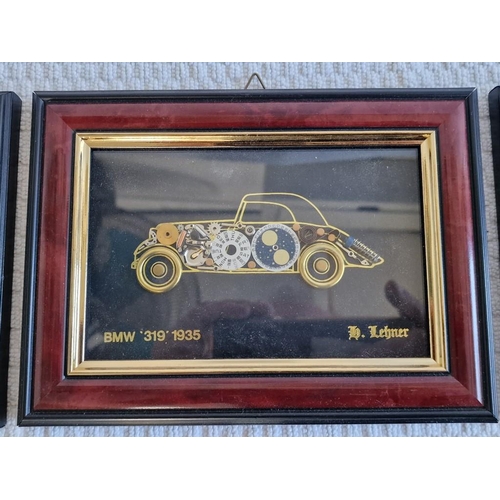 153 - Collection / Set of 5 x Wood Framed Pictures of Vintage Cars Made up from Watch / Clock Parts, (see ... 