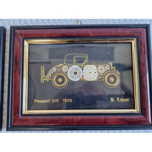 153 - Collection / Set of 5 x Wood Framed Pictures of Vintage Cars Made up from Watch / Clock Parts, (see ... 