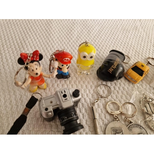 120 - Collection of Assorted Keyrings, Incl. Some Vintage; Super Mario Bros, Minion, Coca Cola, Taxi, Boxi... 