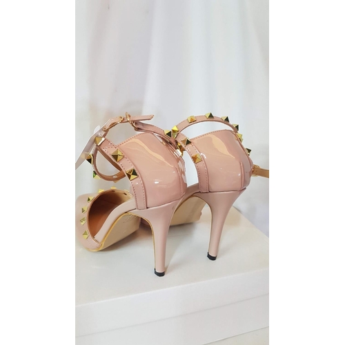 379 - Ankle Strap Stiletto Heel Pointed Toe Studded Shoes (Apricot /Cold Studs), (Size 38)