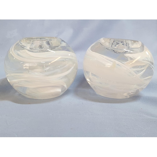 140 - Kosta Boda Swedish White Swirl Art Glass Globe Tealight Holder (2) Paperweight (H:7.5cm x Approx. Ø8... 