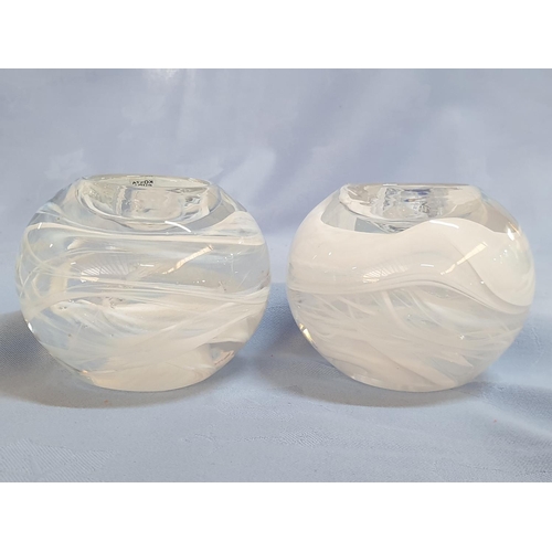 140 - Kosta Boda Swedish White Swirl Art Glass Globe Tealight Holder (2) Paperweight (H:7.5cm x Approx. Ø8... 