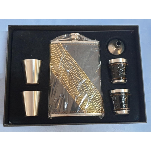 141 - Hip Flask Gift Set; Hip Flask, 4 x Shots and Funnel Stainless Steel Boxed (Un-Used)