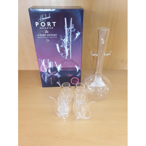 143 - Handmade Glass Decanter Set; Port Decanter and 4 x Port Sippers (Boxed)