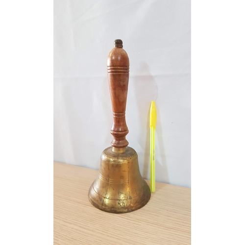 98 - Vintage School Brass Bell with Wooden Handle (H:24cm) 1 x  Brass Bell (H:14cm) and 1 x Brass Effect ... 