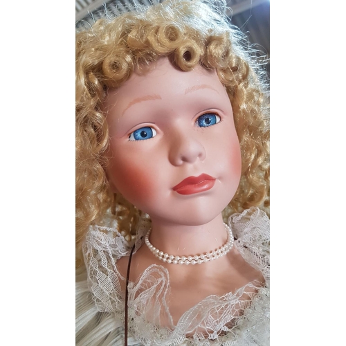 210 - Victorian Style Large Porcelain Doll (H:100cm) with Golden Curls and Light Blue Dress