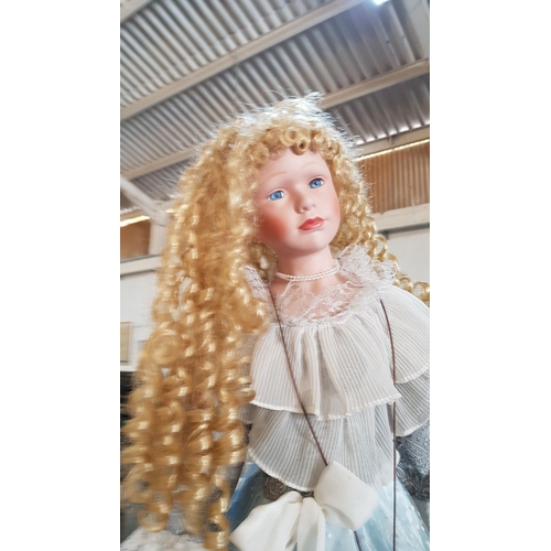 210 - Victorian Style Large Porcelain Doll (H:100cm) with Golden Curls and Light Blue Dress