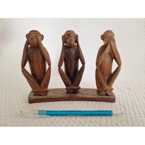 28 - Carved Wood 3 Wise Monkeys (Hear No Evil, See No Evil, Speak No Evil) Ornament