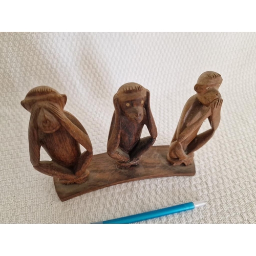 28 - Carved Wood 3 Wise Monkeys (Hear No Evil, See No Evil, Speak No Evil) Ornament
