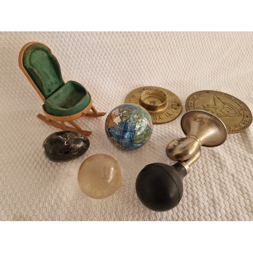 121 - Collection of Items; Pair of Brass Discs Like Sundials, Old Horn, Small Crushed Gemstone Globe, Glas... 